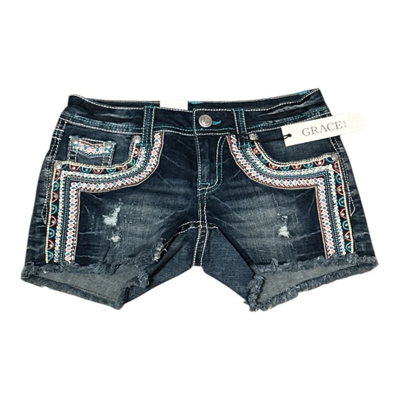 Grace in LA Pants - Grace in LA Blue Distressed Jean Shorts  Embroidery Western Rodeo Size 27 NWT